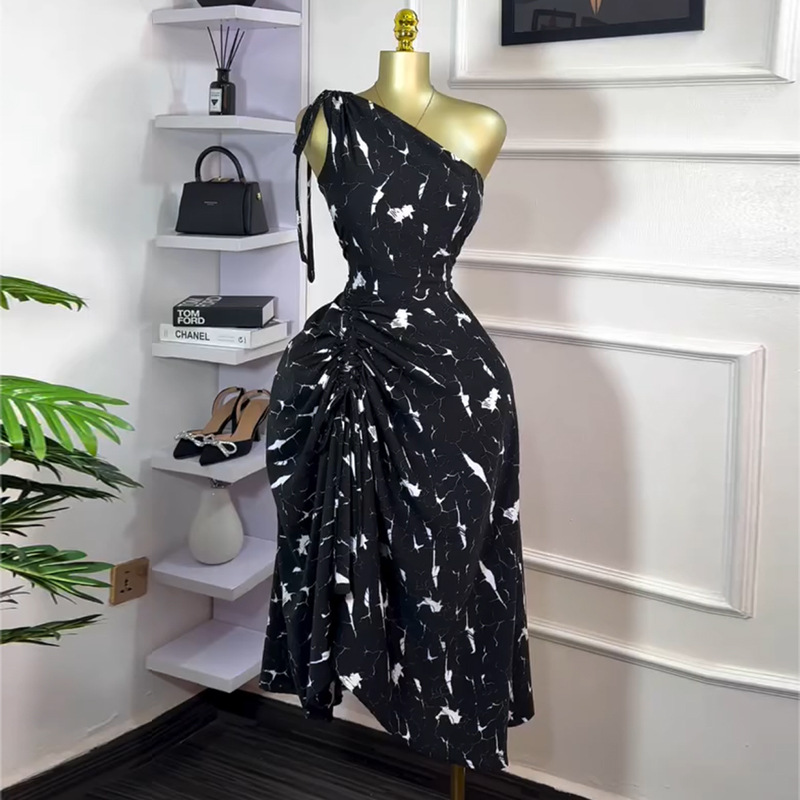 European and American women's clothing 2025 summer new sweet and fresh printed slanted neck sleeveless pleated high waisted dress long skirt