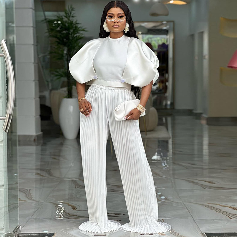European and American cross-border women's clothing 2025 autumn new style temperament round neck design sense top pleated wide leg pants set