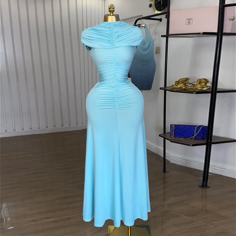 European and American women's clothing 2025 summer new sweet and fresh semi high neck pleated high waist slimming A-line dress long skirt