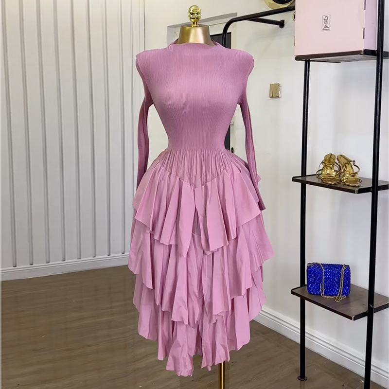 European and American women's clothing 2025 summer new semi high neck long sleeved high waist slimming cake skirt mid length dress