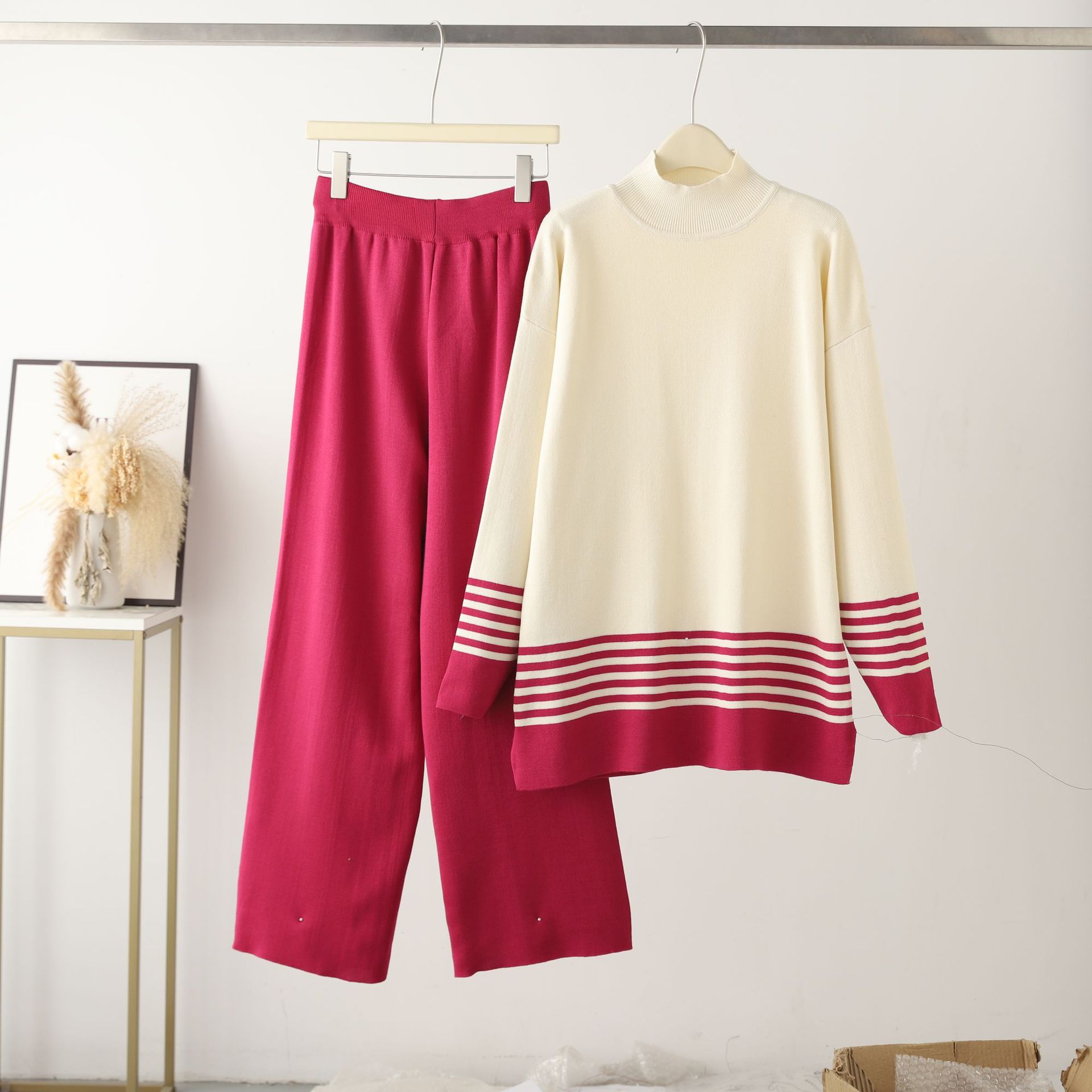 2023 Early Autumn New Casual Fashion Set Fashionable Aging Knitted Top Wide Leg Pants Two Piece Set for Women
