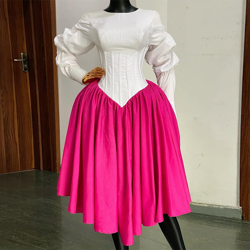 European and American cross-border women's clothing 2025 autumn and winter new style temperament round neck lantern sleeves waist cinched large swing skirt mid length dress