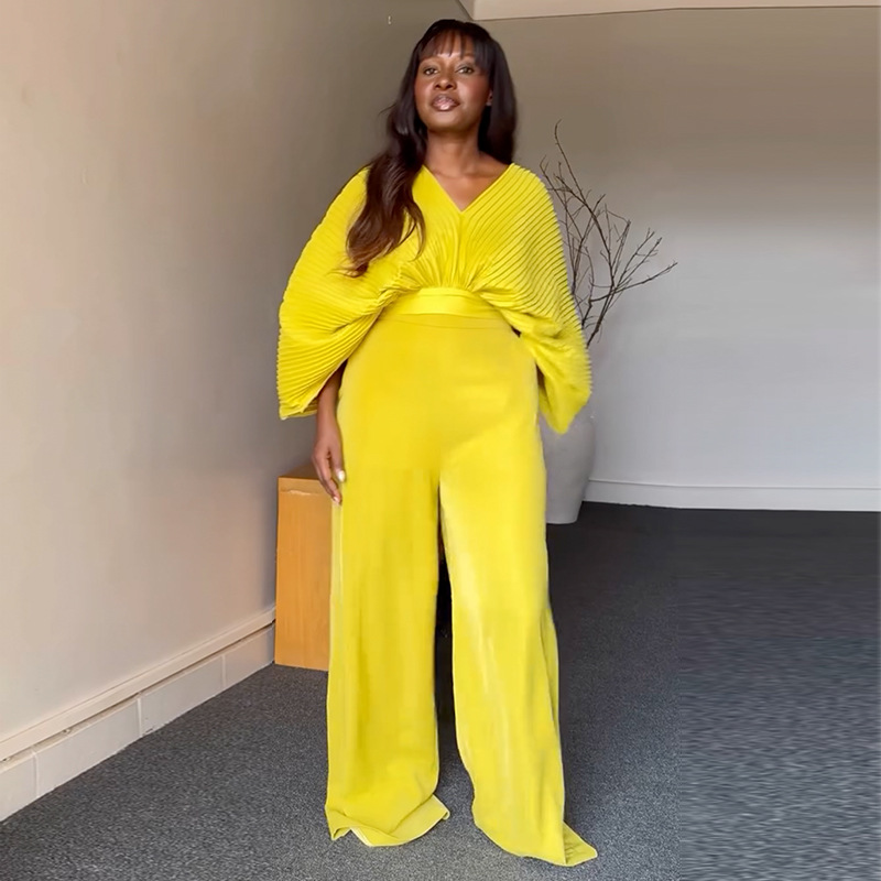 European and American women's clothing 2025 new sweet and fresh pleated V-neck bat sleeve shirt high waist floor pants two-piece set
