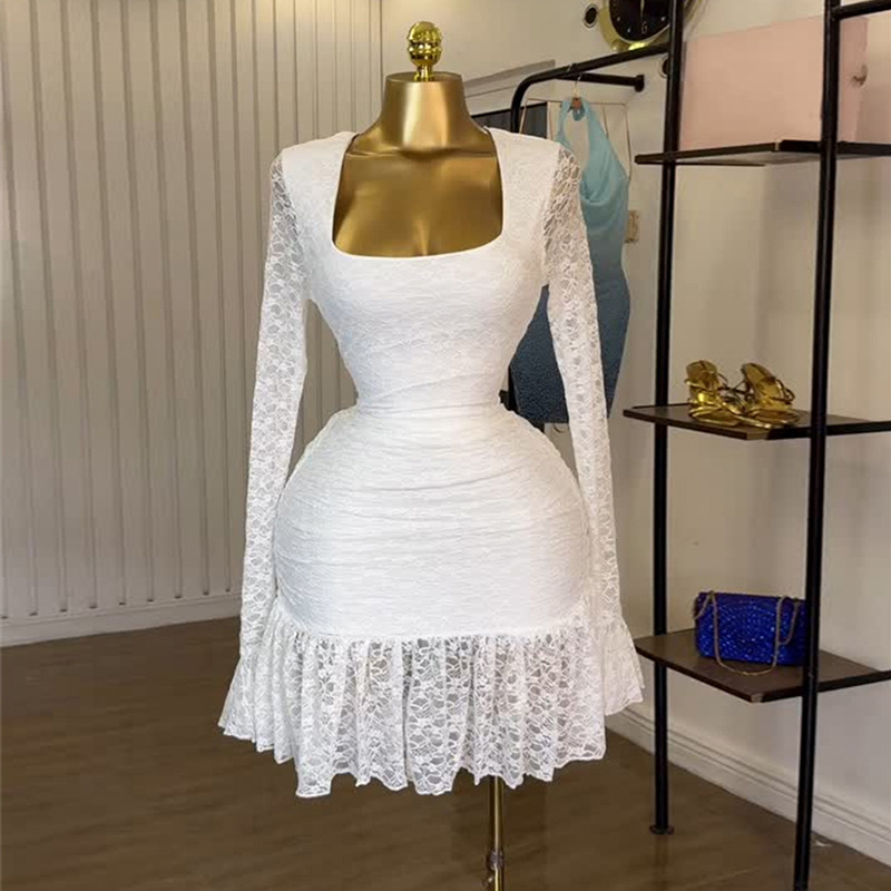 European and American cross-border women's clothing 2025 autumn new sexy temperament square neck slim fit lace long sleeved short dress