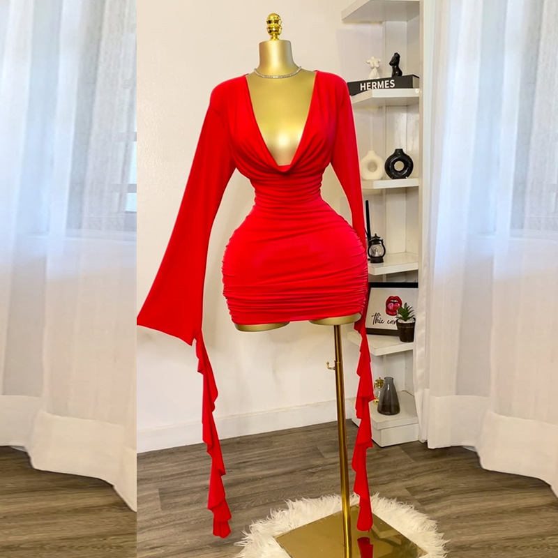 European and American women's clothing 2025 summer new sweet and fresh V-neck long sleeved high waisted slimming dress short skirt