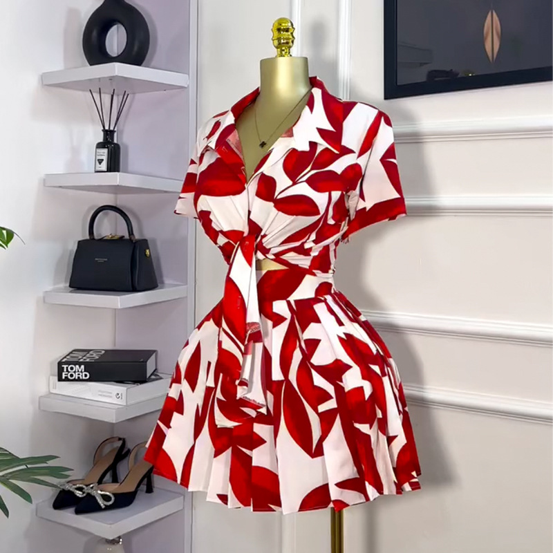 European and American women's clothing 2025 summer sweet and fresh printed collar short sleeved shirt high waist pleated skirt two-piece set