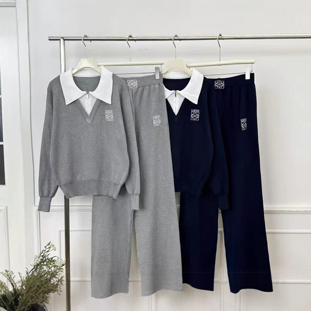 Cross border autumn and winter college vacation two-piece color blocking and contrasting collar knitted pullover top, wide leg pants casual suit for women