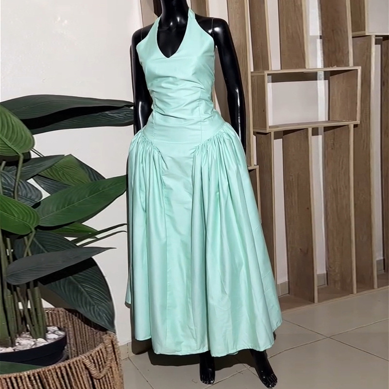 European and American women's clothing 2025 summer new sweet and fresh hanging neck V-neck high waist slimming A-line dress long skirt