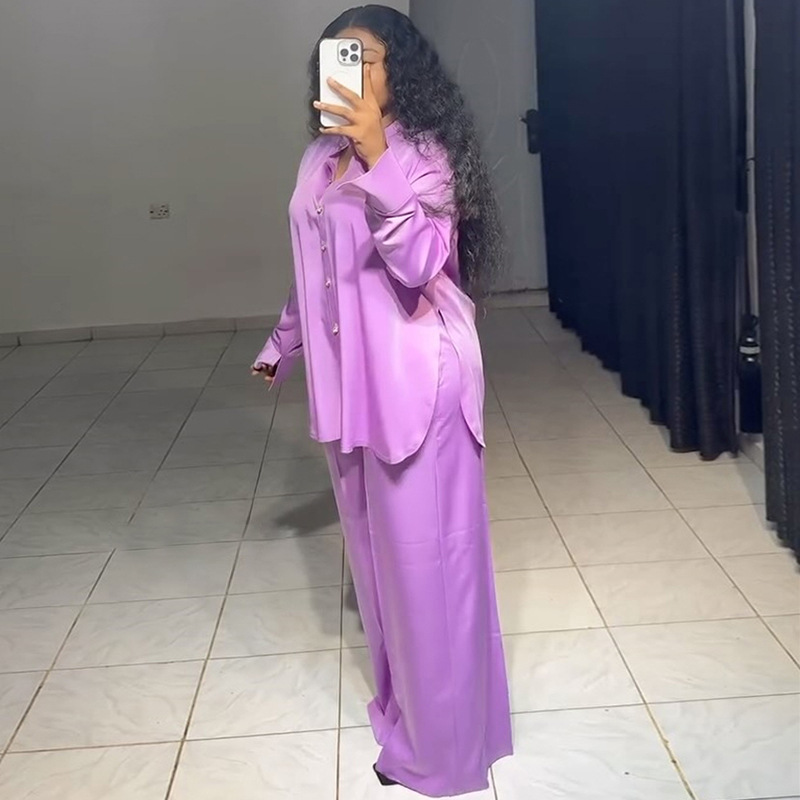 European and American cross-border women's clothing 2025 summer new casual solid color lapel loose long sleeved shirt wide leg pants set