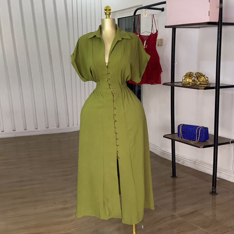 European and American Cross border Women's Clothing 2025 Summer New Fashion Polo Short sleeved Single breasted Buckle Waist Split Shirt Dress