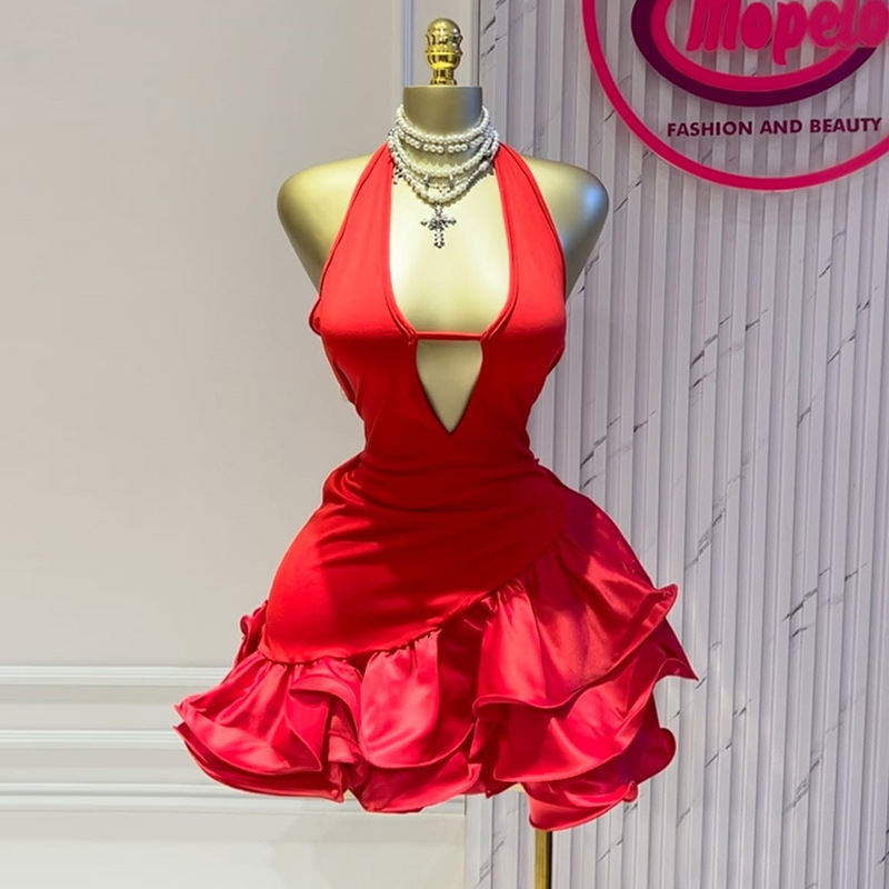 European and American women's clothing 2025 summer sweet and fresh deep V-neck hanging neck backless high waisted ruffle edge dress short skirt