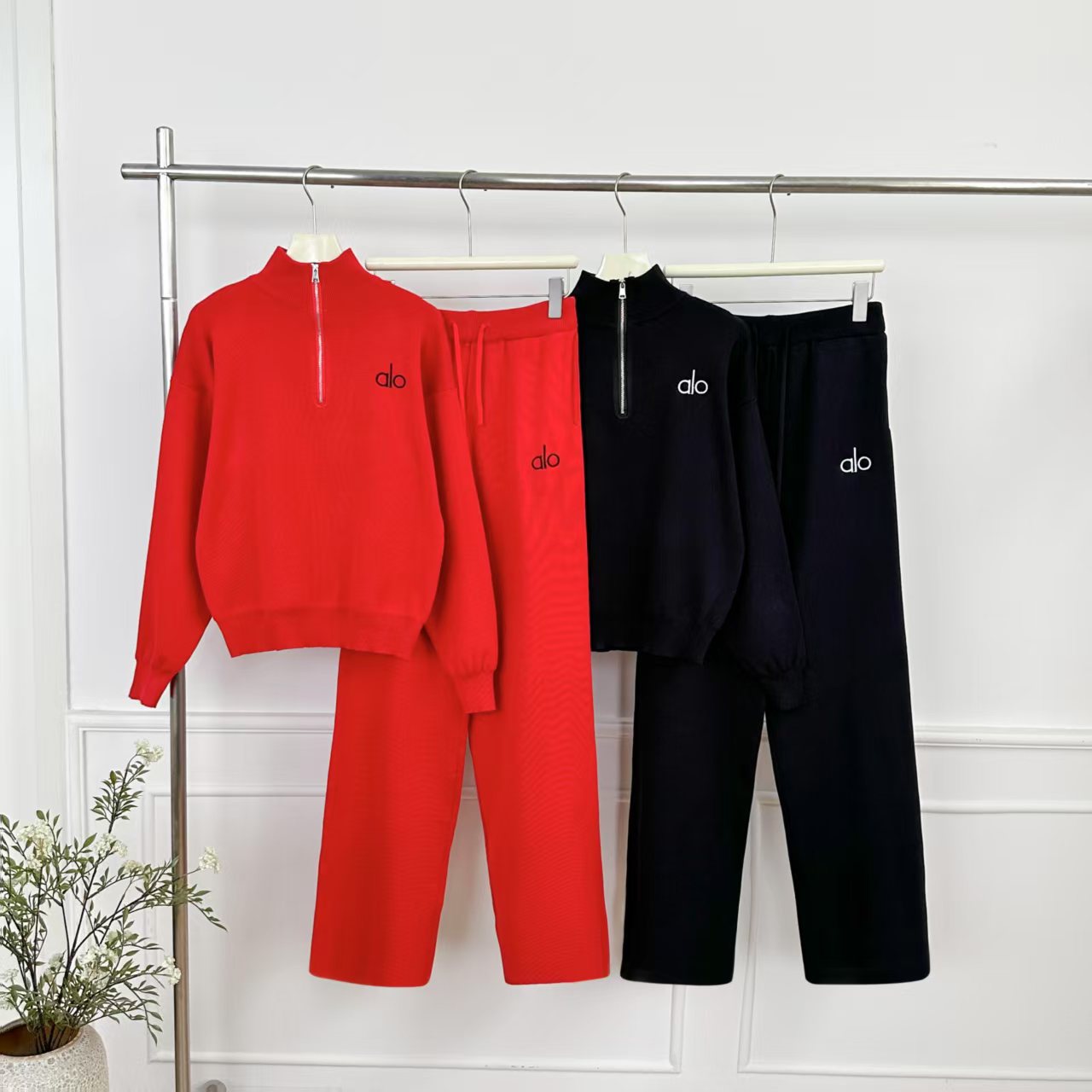2025 Fashion Leisure Knitted Set Two Piece Sports Set Stand up Collar Half Zipper Top Wide Leg Pants Foreign Trade