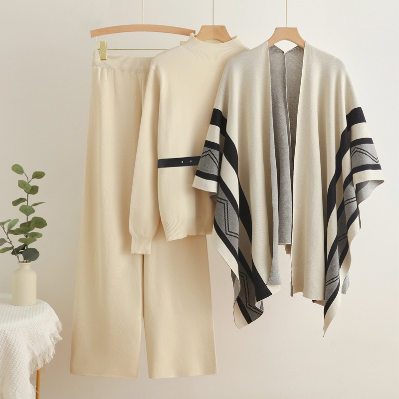 Cross border foreign trade fashion spring and autumn loose casual shawl cardigan jacket+high neck sweater base+wide leg pants three pieces
