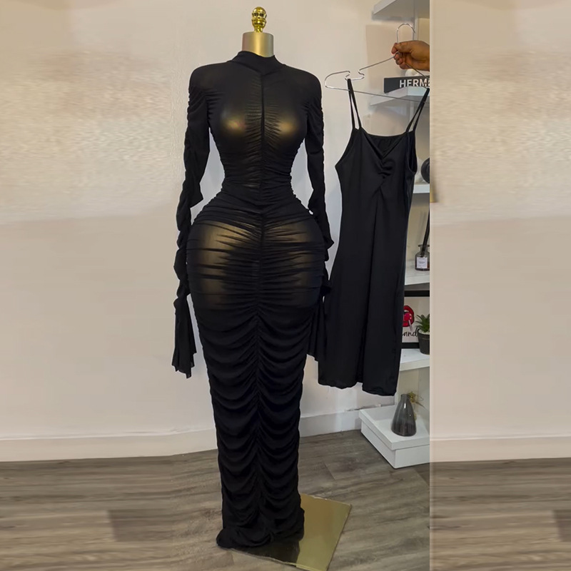 European and American women's clothing 2025 summer new sweet and fresh mesh semi high neck long sleeved pleated hip hugging dress long skirt