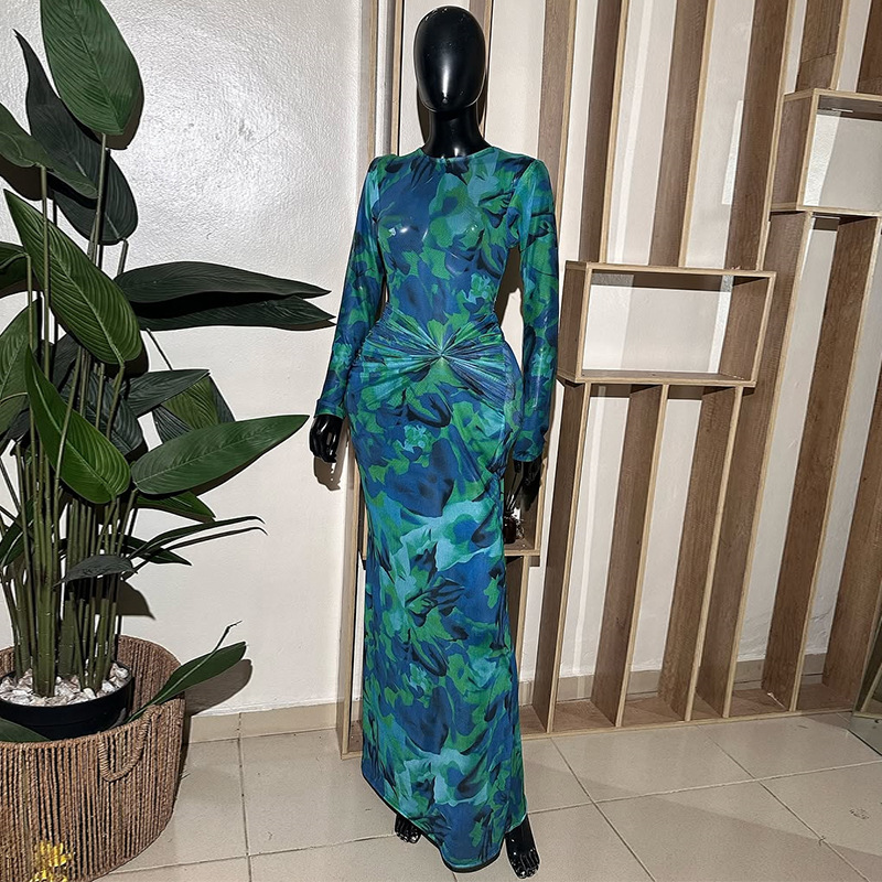 European and American cross-border women's clothing 2025 spring/summer new style temperament print round neck pleated slim fit hip hugging skirt long sleeved dress