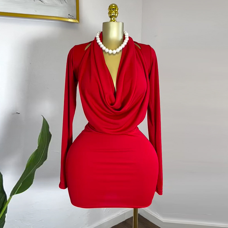 European and American women's clothing 2025 spring new sweet and fresh pile collar long sleeved high waist slimming bag hip dress short skirt