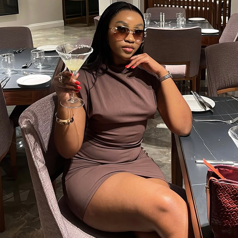European and American cross-border women's clothing 2025 summer new fashion style semi high neck brown slim fit short dress