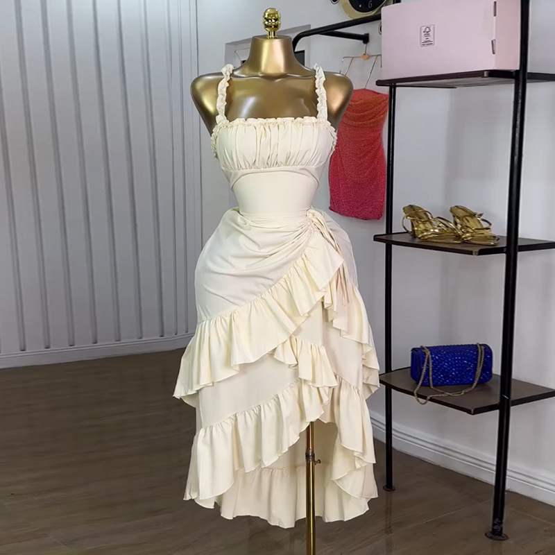 European and American women's clothing 2025 summer new sweet and fresh suspender high waist slimming ruffle hem dress long skirt