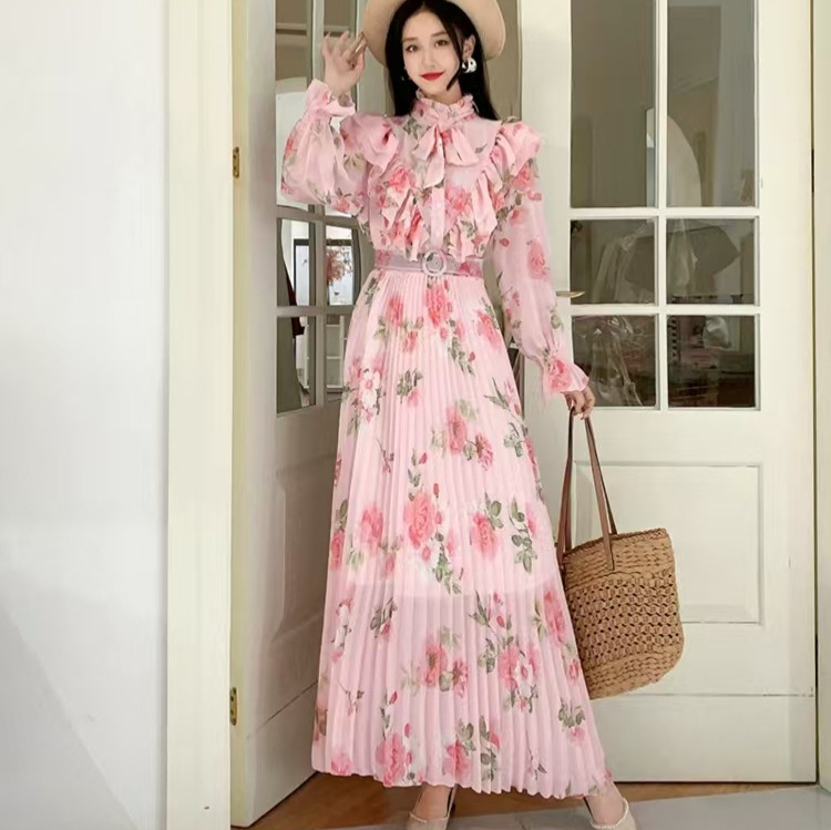 2023 Autumn New Long Sleeve Heavy duty Folded Bow Long Printed Chiffon Sweet Dress for Beach Vacation
