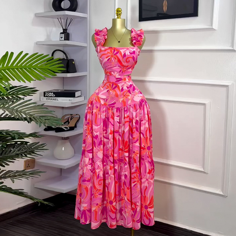 European and American women's clothing 2025 spring new printed short vest, high waist and large swing skirt, fashionable casual set