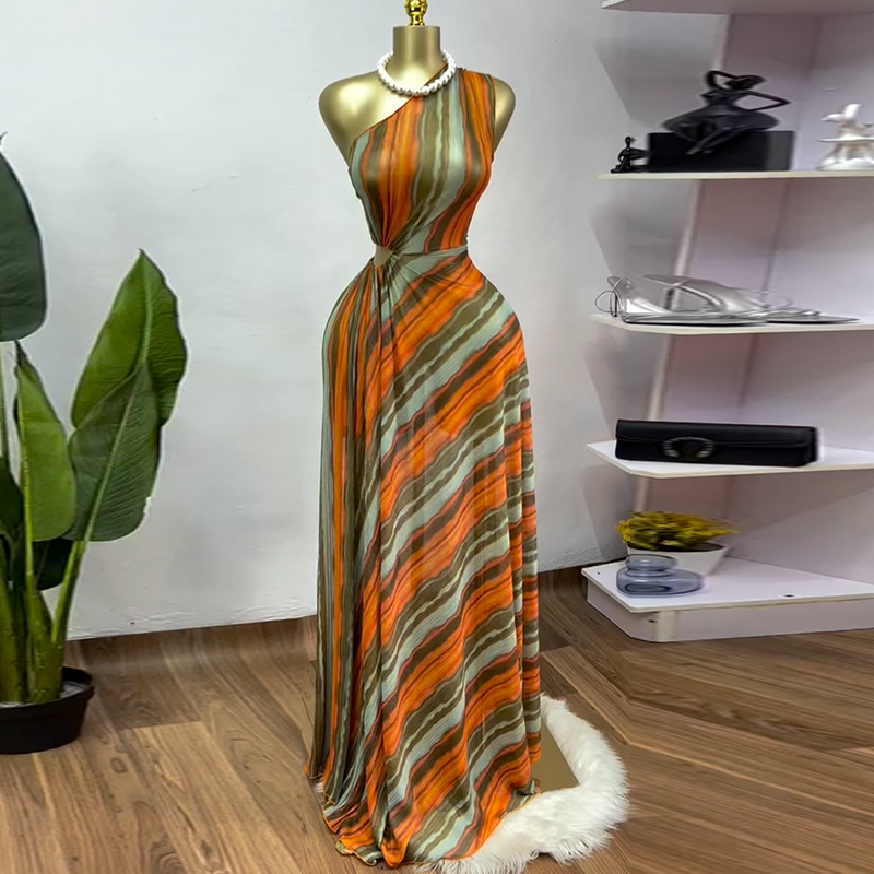 European and American women's clothing 2025 spring new sweet and fresh striped sloping shoulder collar high waist A-line dress long skirt