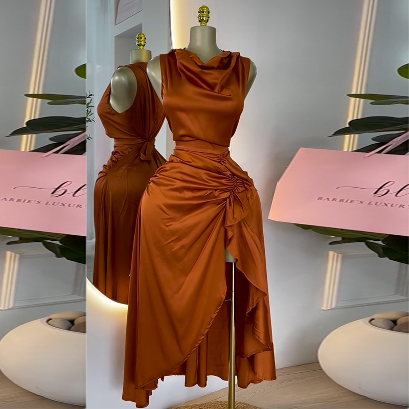 European and American foreign trade women's clothing 2025 spring new style temperament sleeveless slim fit ruffle edge mid length high waist dress