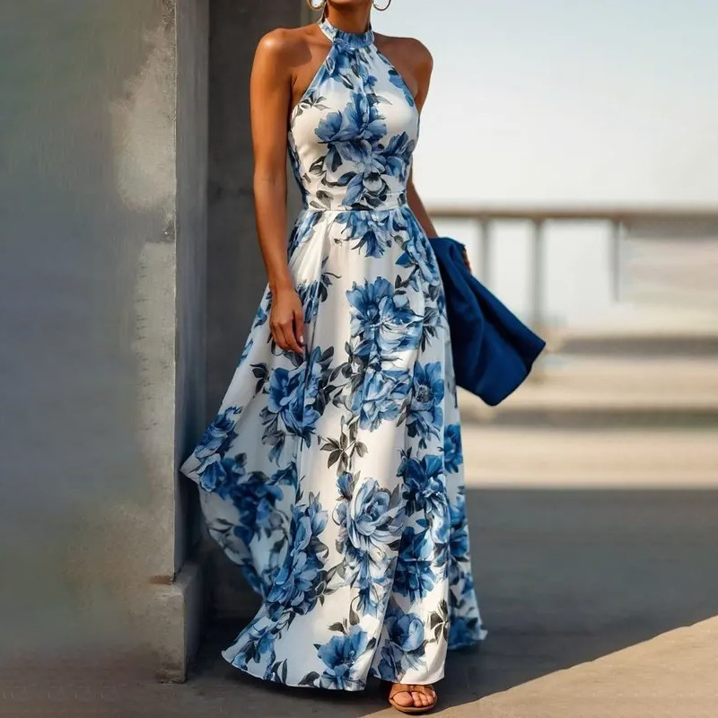 2025 Amazon New Cross border European and American Women's Clothing Elegant and Sexy Printed Long Style Large Swing Dress for Women
