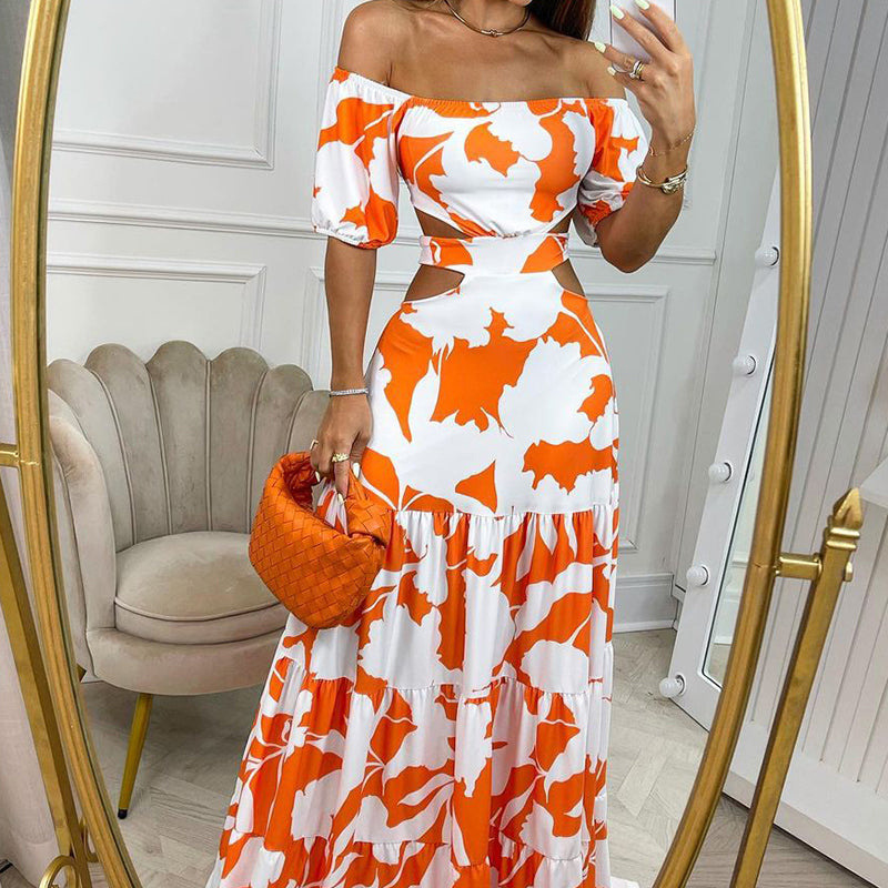 2025 Amazon Cross border Foreign Trade European and American Women's Fashion Personalized One Collar Printed Waist European and American Dress for Women