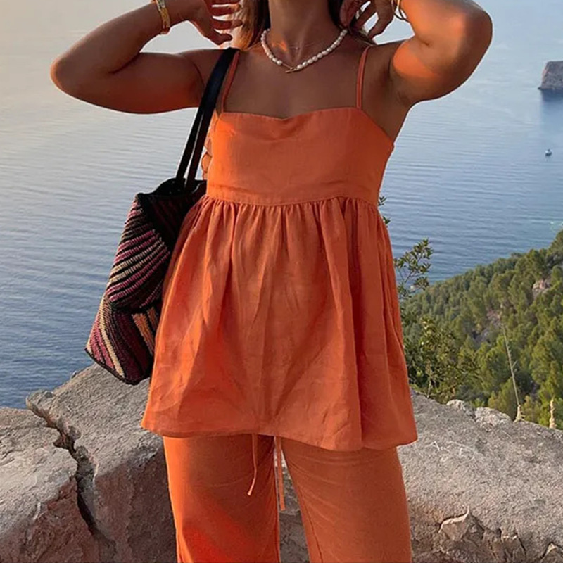 2025 Amazon European and American style women's clothing temperament commuting camisole pants loose solid color casual women's fashion set