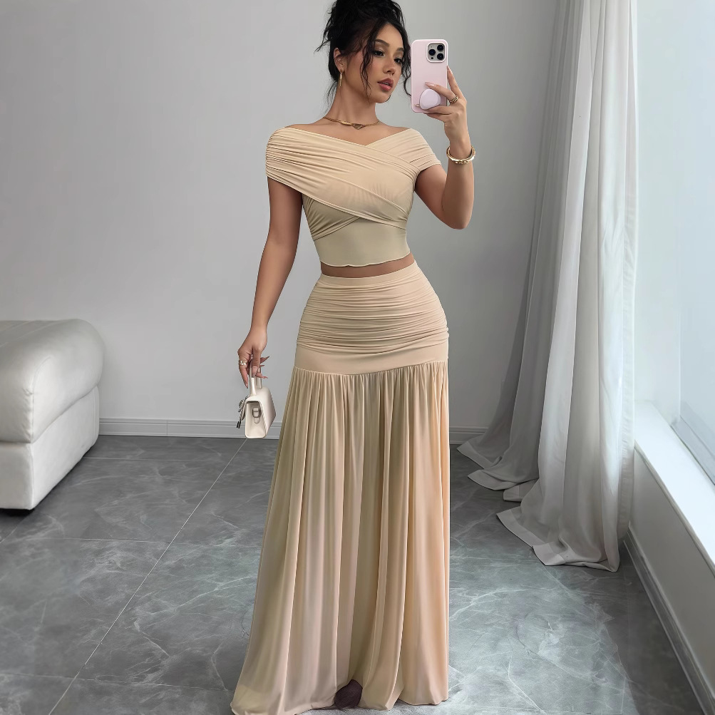 European and American Cross border Women's Clothing 2025 Summer New Solid Color One Piece Collar Top with Waist Fold Splicing Skirt Set