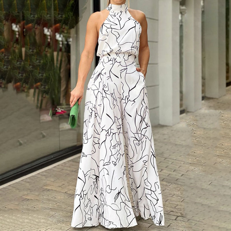 2025 Amazon Cross border European and American Foreign Trade Women's Clothing Instagram New Fashion Round Neck Sexy Printed European and American jumpsuit