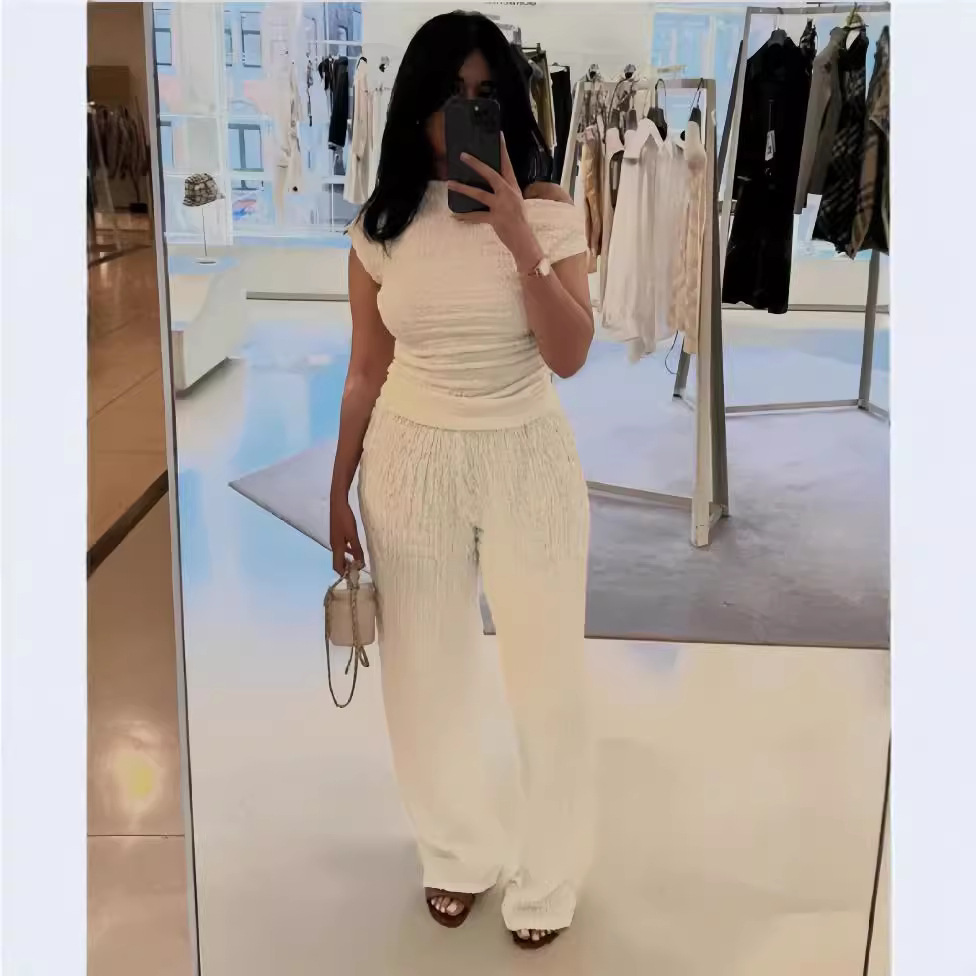 Amazon Europe and America Cross border Women's Wear 2024 Autumn New Solid Color One Collar Top Loose Casual Pants Set