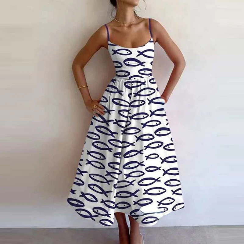 Amazon 2025 Spring New Cross border European and American Women's Fashion Printed Folded Waist Swing Strap Dress