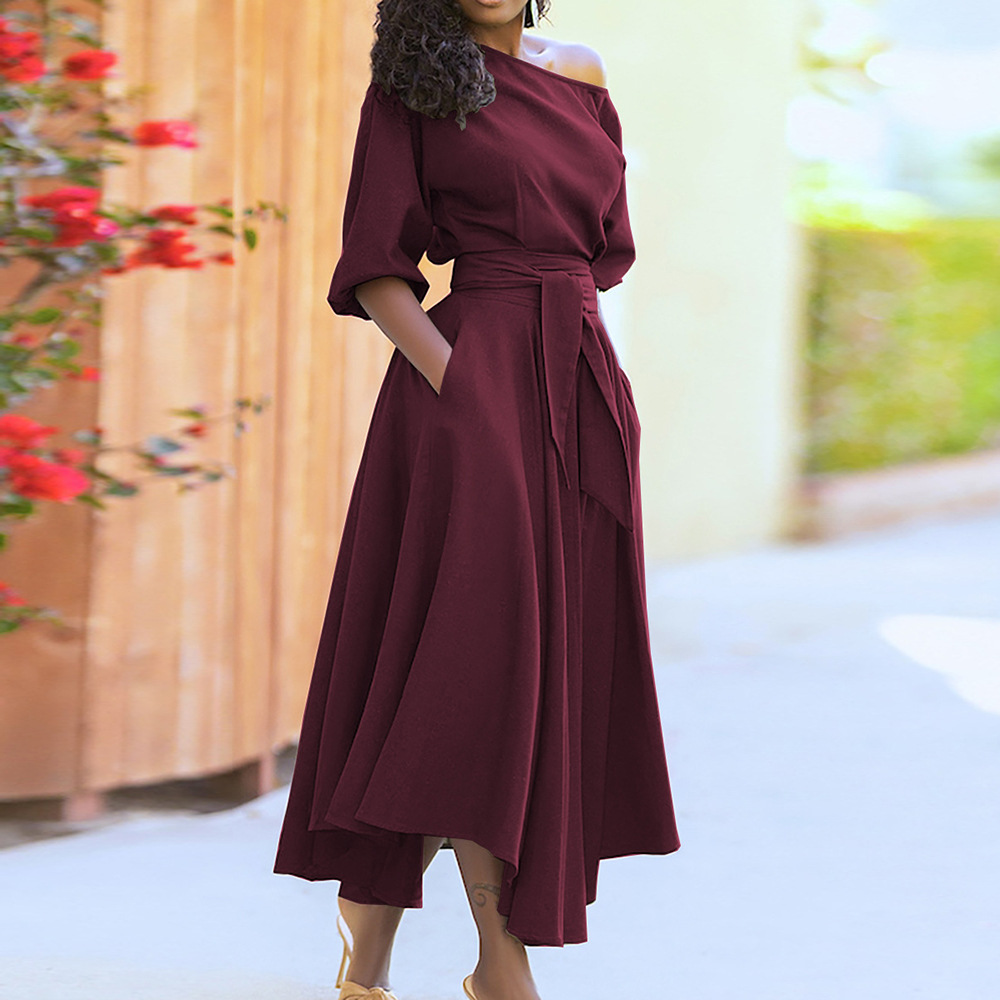 2025 AliExpress Amazon European and American Women's Wear Slant Shoulder Collar Strap Waist Style Solid Color Big Swing Spring Dress