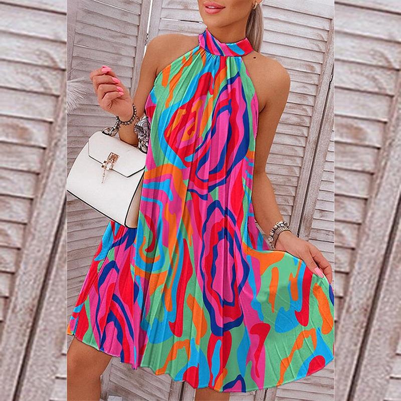 Amazon Women's 2024 Spring New Style Temperament Printed Sleeveless Off Shoulder Stand up Collar Fashion pleated Dress