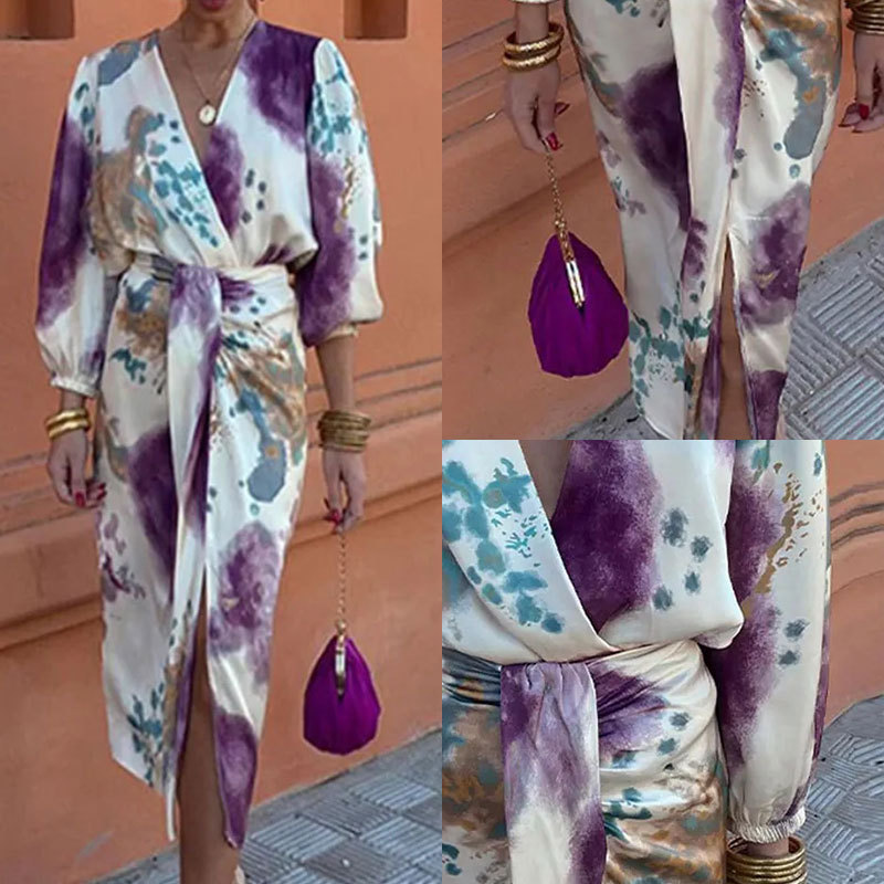 Foreign Trade 2025 Spring Amazon European and American Women's Unique V-neck Long Sleeve Sexy Split Middle Long Dress Two Piece Set