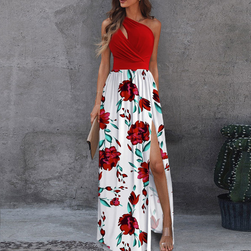 Cross border Amazon European and American women's clothing 2025 sloping shoulder long skirt temperament sleeveless sexy high waist slit European and American dress