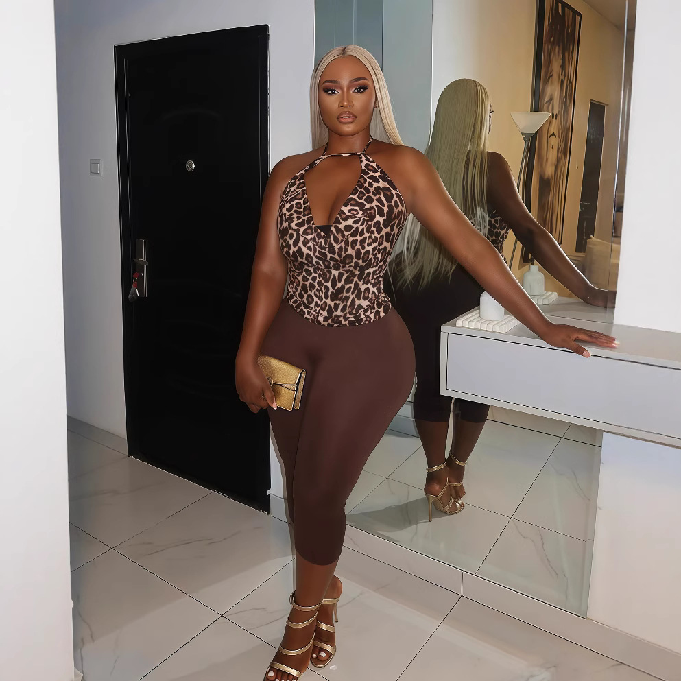 European and American cross-border women's clothing 2025 summer new sleeveless hanging neck leopard print backless top, tight pants sexy two-piece set
