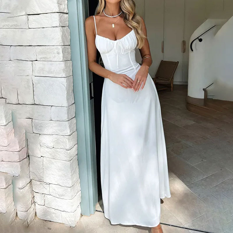2025 independent station summer new European and American cross-border women's elegant and sexy lace up A-line suspender large swing dress