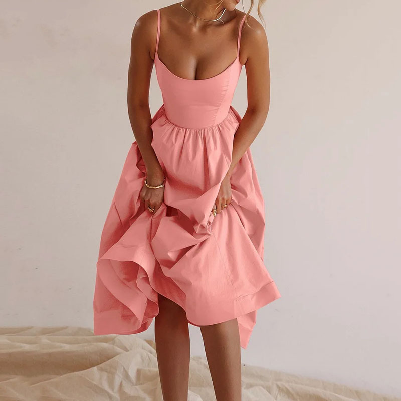 2025 New European and American Women's Clothing Style Commuting Sexy Low cut Slim fit Waist Strap Big Swing European and American Dress for Women