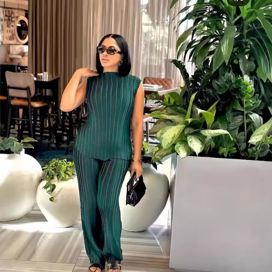 European and American cross-border women's clothing 2024 autumn new item solid color sleeveless round neck top slim fit casual wide leg pants set
