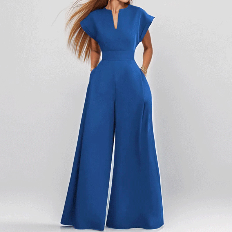 2025 Amazon European and American Foreign Trade Women's Loose Fashion Elegant Short Sleeve V-neck Solid Color Wide Leg European and American jumpsuit