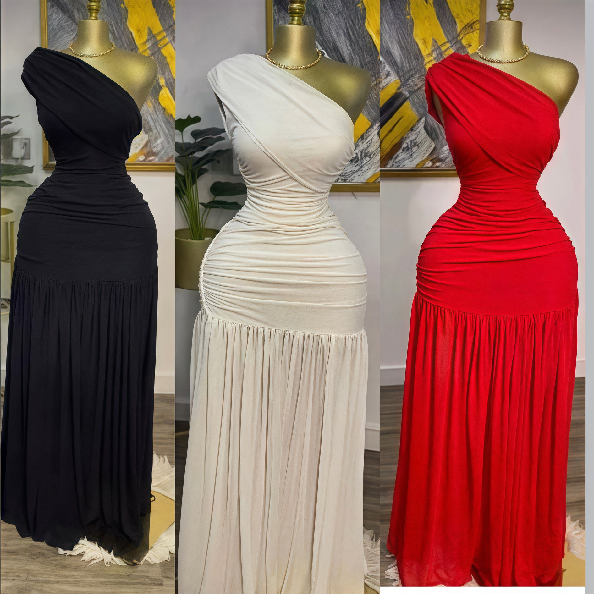 European and American Cross border Women's Clothing 2025 Spring New Collection Solid Color Sleeveless Slant Collar Folded Slim Fit Split Long Dress