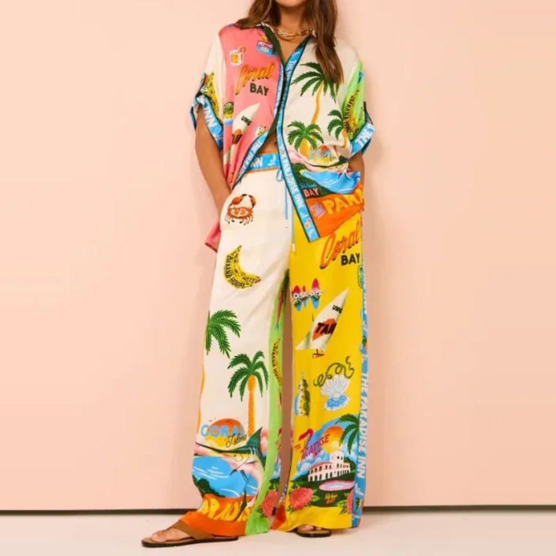 2025 Independent Station European and American Women's Printed Color blocked Elastic Waist Pocket Wide Leg Casual Fashion Set Women's Two Piece Set