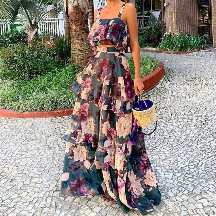 Cross border 2025 Amazon European and American Women's Clothing New Fashion Floral Top Strap Ruffle Cake Skirt Set for Women