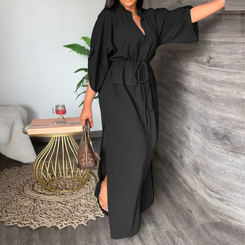 2025 new Amazon European and American women's clothing temperament V-neck lace up waist loose casual plus size dress 661