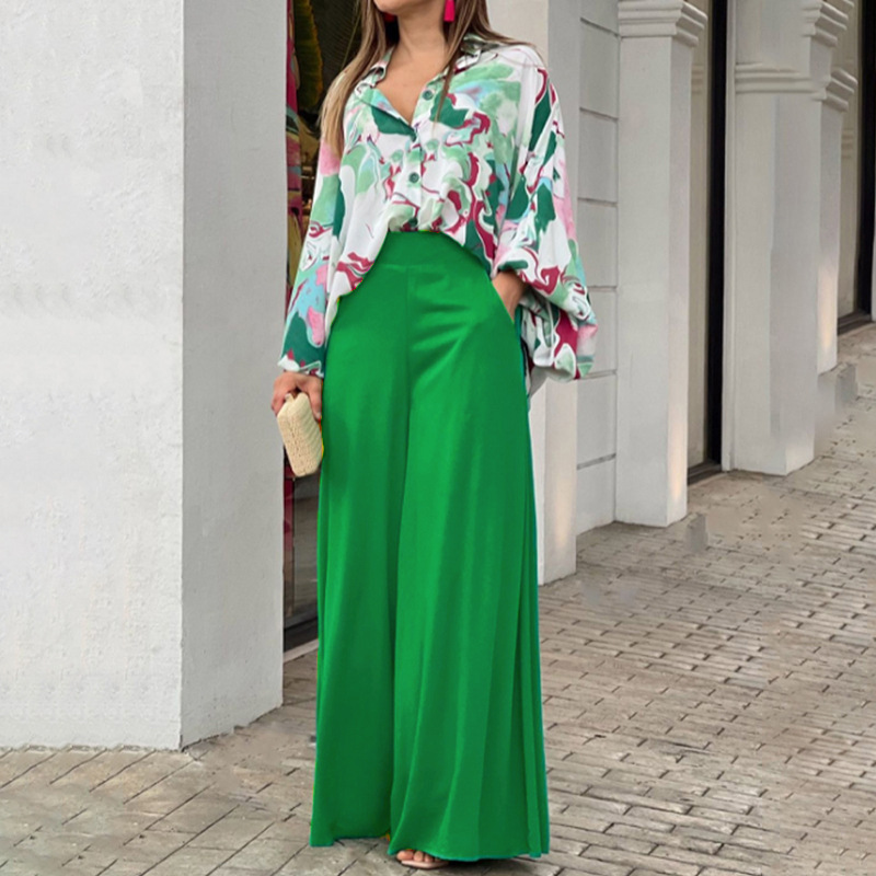 European and American women's clothing Amazon 2025 printed shirt long sleeved INS style temperament pants fashionable winter outfit set