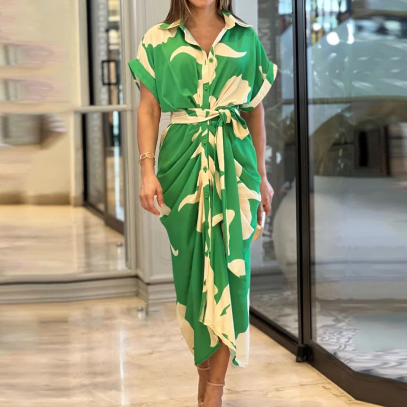 Foreign Trade 2025 Amazon INS European and American Cross border Women's Printed Collar Short Sleeve High Waist Long Shirt Dress