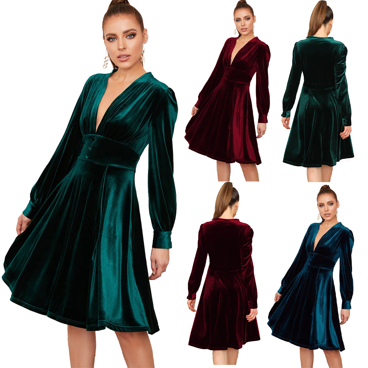 Amazon Women's European and American Style Gold Velvet V-neck Medium Long Dress 2024 Spring New Solid Color Bubble Sleeve Dress