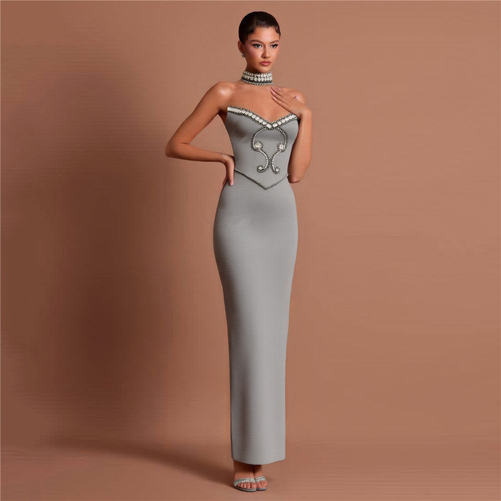 European and American new solid color temperament diamond studded strapless bandage dress with necklace party dress long skirt
